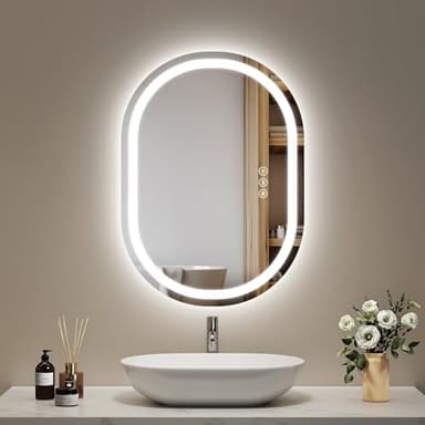 EMKE Badspiegel mit Beleuchtung oval 50x70cm, Ovaler Spiegel mit 3 Lichtfarben Dimmbar, Antibeschlag, Touch, Speicherfunktion, Energiesparend Badezimmerspiegel mit Beleuchtung