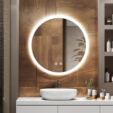 EMKE Badspiegel mit Beleuchtung Rund 70cm, Runder Spiegel mit 3 Lichtfarben Dimmbar, Beschlagfrei, Touch-Schalter, Speicherfunktion, Energiesparend Badezimmerspiegel mit Beleuchtung