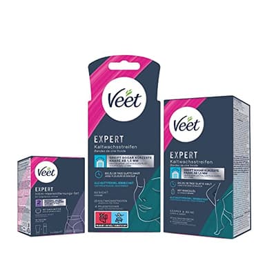 Veet Expert Kaltwachsstreifen Gesicht 10 Doppelstreifen - Körper & Beine 20 Doppelstreifen - Intim-Haarentfernungs-Set Enthaarungscreme für den Intimbereich inkl. Multi-Benefit-Schaum 2 x 50 ml