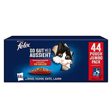 Felix So gut wie es aussieht Geschmacksvielfalt vom Land in Gelee Katzennassfutter, 44er Pack (44 x 85g)
