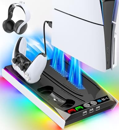 PS5/PS5 Slim/PS5 Pro Ständer für Disc & Digital, 3-stufige PS5 Kühlstation und RGB LED mit Controller Ladegerät für PS5 & Edge Controller, PS5 Zubehörsets mit 3 Ladeanschlüssen Skins