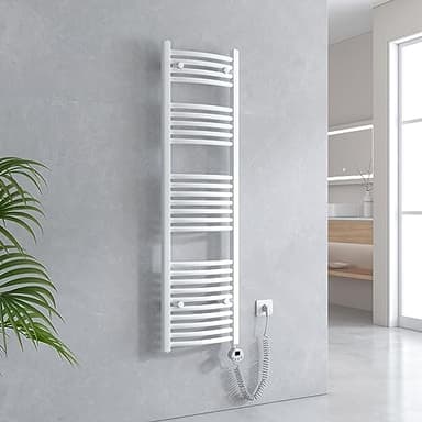EMKE Badheizkörper Elektrisch 1400 x 400 mm, Gebogen Handtuchheizkörper Elektrisch mit Thermostat, Handtuchtrockner Handtuchwärmer mit Timer Weiß 500W