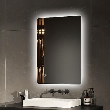 EMKE Badspiegel mit Beleuchtung 50x70cm mit Touch, Antibeschlag, Einstellbare Helligkeit, Speicherfunktion, Kaltweiß 6500K Badezimmerspiegel energiesparend Spiegel mit Beleuchtung