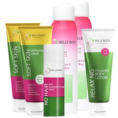 Belle Body Haarentfernung Komplett Set – 2x Schaum + 2x Creme + Anti-Haarwachstums-Serum für glatte Haut am ganzen Körper – Inkl. GRATIS Body Lotion – Vegan, effektiv & sanft zur Haut