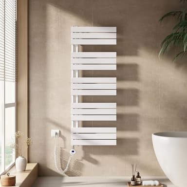 EMKE Handtuchheizkörper Elektrisch mit Thermostat 1320x500 mm, Badheizkörper Handtuchhalter Elektrisch Handtuchwärmer Handtuchtrockner Handtuchheizung mit Heizstab Weiß 800W