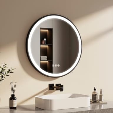EMKE Badspiegel Rund Schwarz 70 cm, Badspiegel mit Beleuchtung und Touchschalter, 3 dimmbare Lichtfarben, Antibeschlag, Speicherfunktion, Runder Spiegel