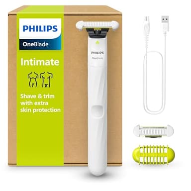 Philips OneBlade Intimate - Elektrischer Intimrasierer und Intimtrimmer für Frauen und Männer, mit extra Hautschutz, 2x SkinProtect Klingen, 1x 3-mm-Trimmaufsatz, QP1924/30, Weiß