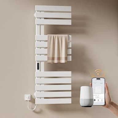 EMKE Handtuchheizkörper Elektrisch 1300 x 500 mm, WiFi Smart Thermostat Elektrischer Badheizkörper Handtuchhalter, Handtuchwärmer Elektrisch für Alexa und Google Home und APP Weiß 440W (Left)