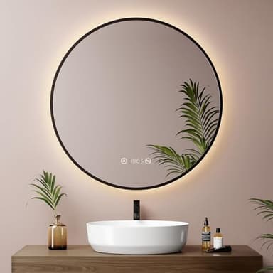 EMKE LED Badspiegel Rund Spiegel mit Beleuchtung ф70cm Badspiegel Schwarzer Rand Badezimmerspiegel mit Touch, Antibeschlage, Uhr, Temperatur, Dimmbar, Memory-Funktion Neutral licht