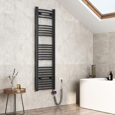 EMKE Badheizkörper Elektrisch 140 x 40 cm, Gebogen Handtuchheizkörper Elektrisch mit Thermostat, Handtuchtrockner Handtuchwärmer mit Timer Anthrazit 500W