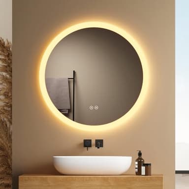 EMKE Badspiegel mit Beleuchtung Rund 70cm, Badezimmerspiegel mit dimmbarer Beleuchtung, 3 Lichtfarben, Antibeschlag, Touch-Schalter und Speicherfunktion, ideal für das Badezimmer