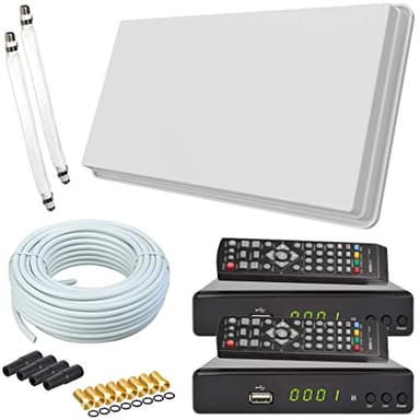 netshop 25 Selfsat H30D2+ Flachantenne Twin + 2 HD Receiver + 20m Kabel Anschluss Set (2 Fensterdurchführung + 8 F-Stecker + 4 Wetterschutztüllen) Sat Anlage für 2 Teilnehmer