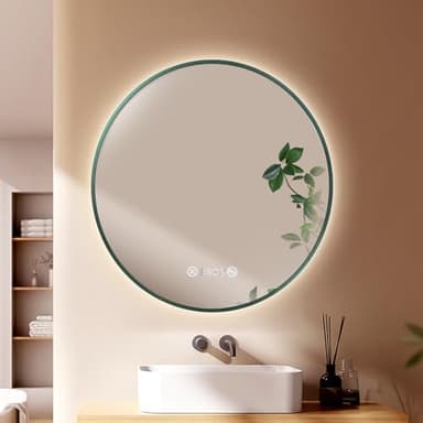 EMKE Runder Badspiegel mit Beleuchtung, 70 cm, dunkelgrün, dimmbar, beschlagfrei, mit Uhr und Temperaturanzeige, Runder Spiegel mit neutralem Licht, Badspiegel rund, Badezimmerspiegel mit Beleuchtung