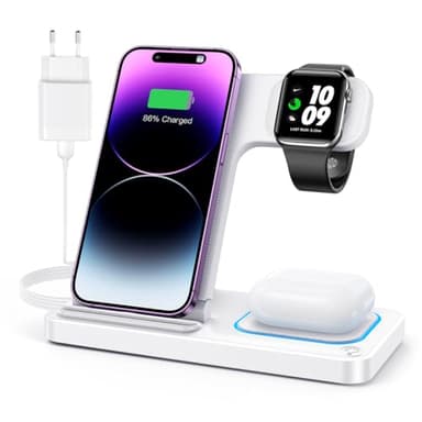 DUMTERR 3 in 1 Apple Ladestation für Apple Watch und iPhone iPod, iPhone Ladestation für iPhone 16 15 14 13 12 11 Pro Max, Wireless Charger für Apple Watch Serie/AirPods - Faltbare & tragbare(Weiß)