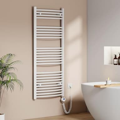 EMKE Badheizkörper Elektrisch 1400 x 600 mm, Gebogen Handtuchheizkörper Elektrisch mit Thermostat Elektrischer Handtuchwärmer Handtuchtrockner Weiß 600 Watt