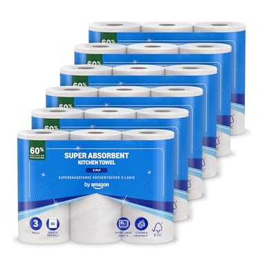 von Amazon Superabsorbierendes Küchentuch, 3-lagig, 18 Rollen (6 Packungen mit 3), 80 Blatt pro Rolle, FSC-zertifiziert