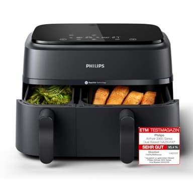 Philips Airfryer Dual Basket 3000 Series Heißluftfritteuse, 9L, 2 Körbe, 2 Gerichte gleichzeitig, RapidAir Plus Technologie, 90% weniger Fett, Energieeffizient, HomeID App (NA350/00)