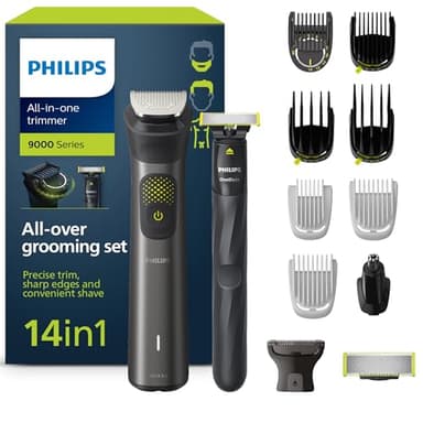 Philips Multigroom Series 9000, 14-in-One-Barttrimmer und Haarschneider mit OneBlade, 2x Originalklingen für Gesicht, Kopf und Körper, 27 Längeneinstellungen (0.2-20 mm)(Modell MG9550/15)